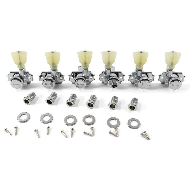 Kluson Revolution Diecast Tuners - 3 Per Side - Pearloid Keystone Button, Locking Chrome - Image 2